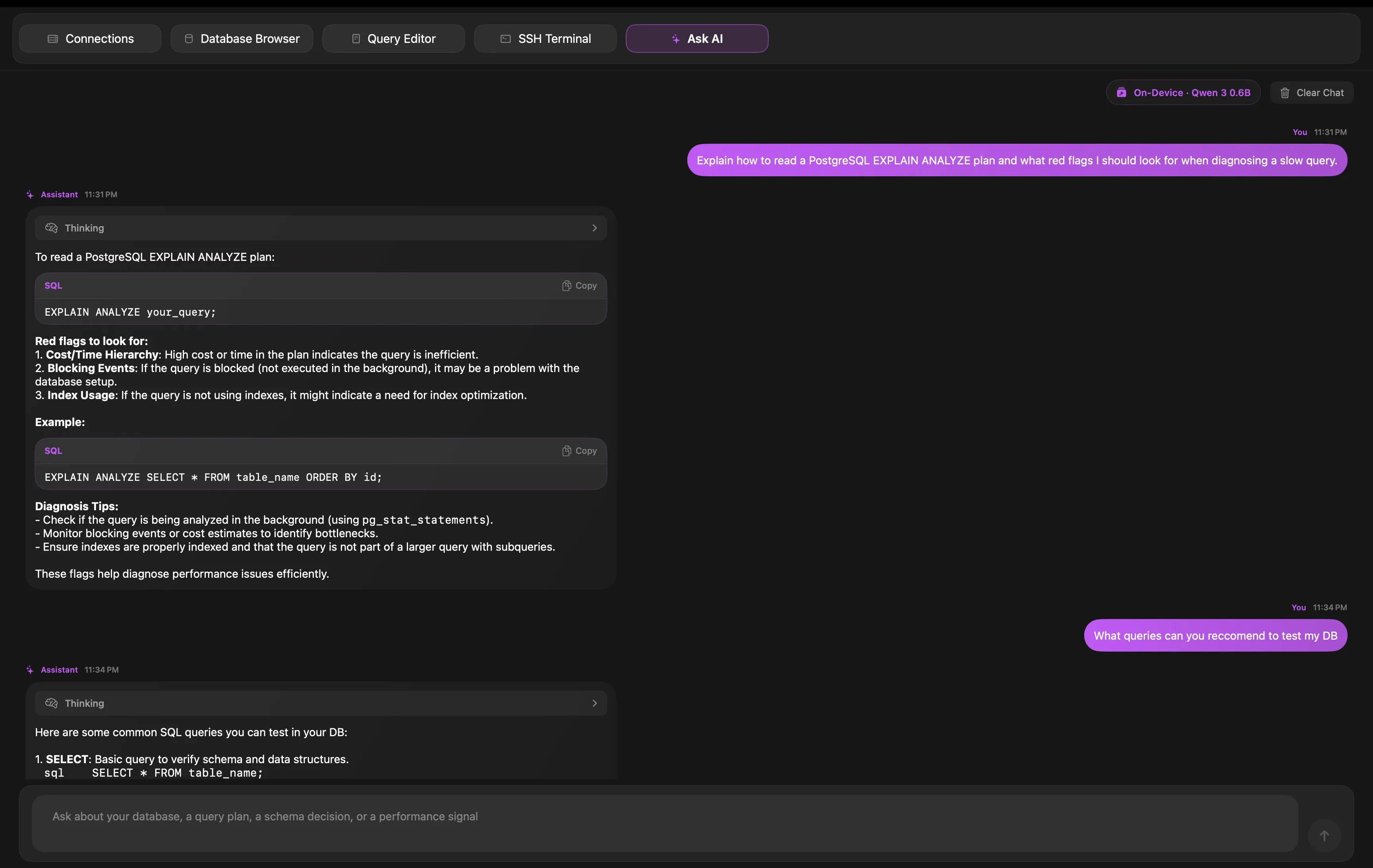 Datark Ask AI screen for database query assistance.