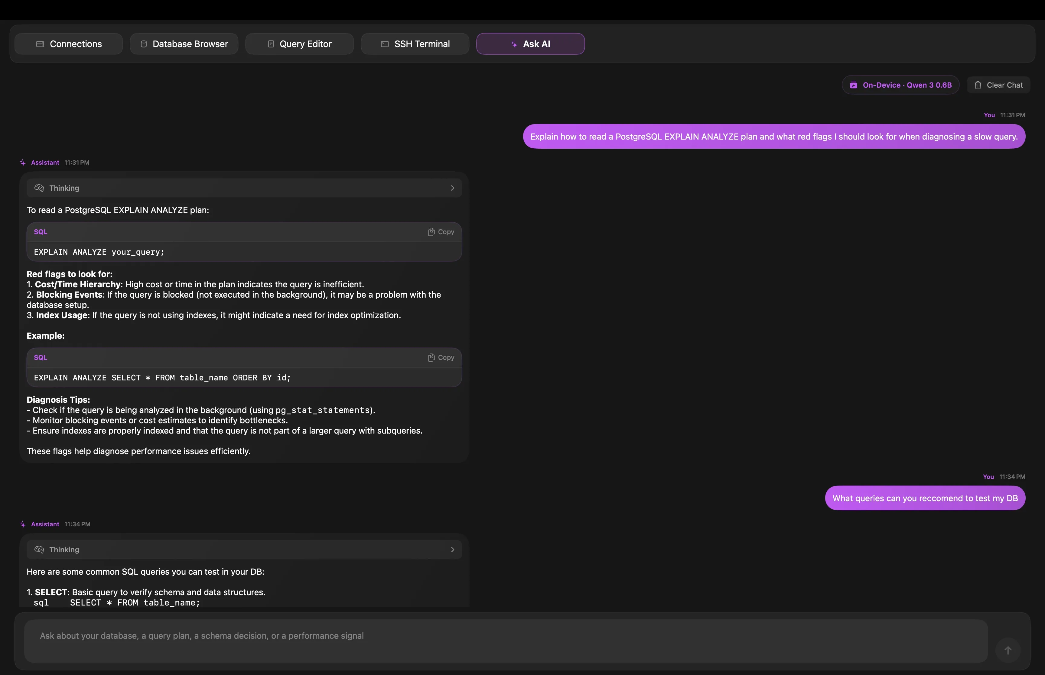 Datark Ask AI screen for database query assistance.