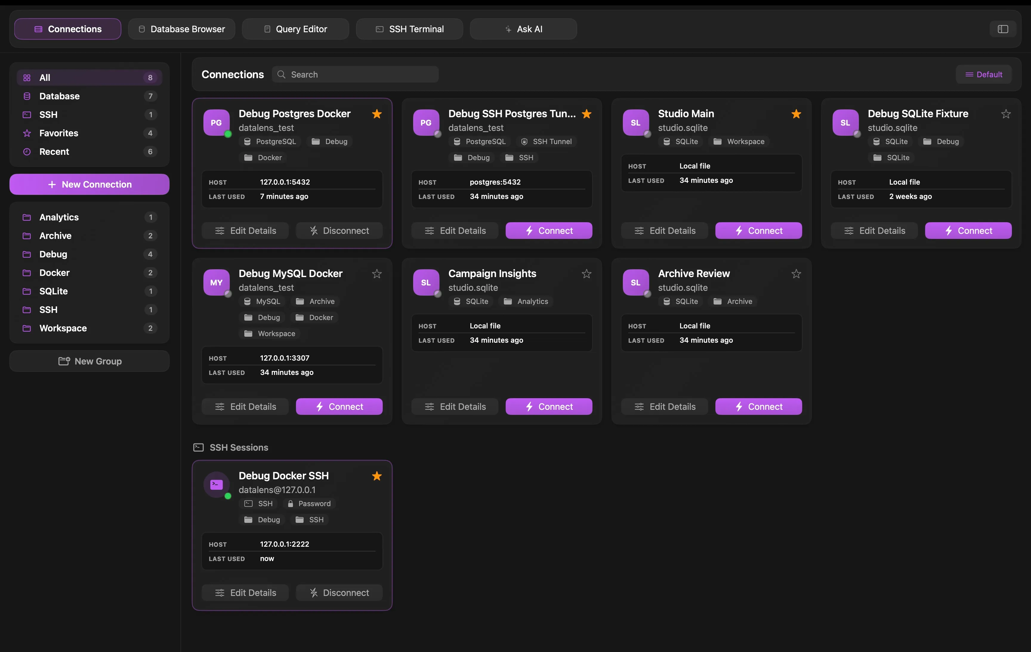 Datark connections screen with saved database profiles.