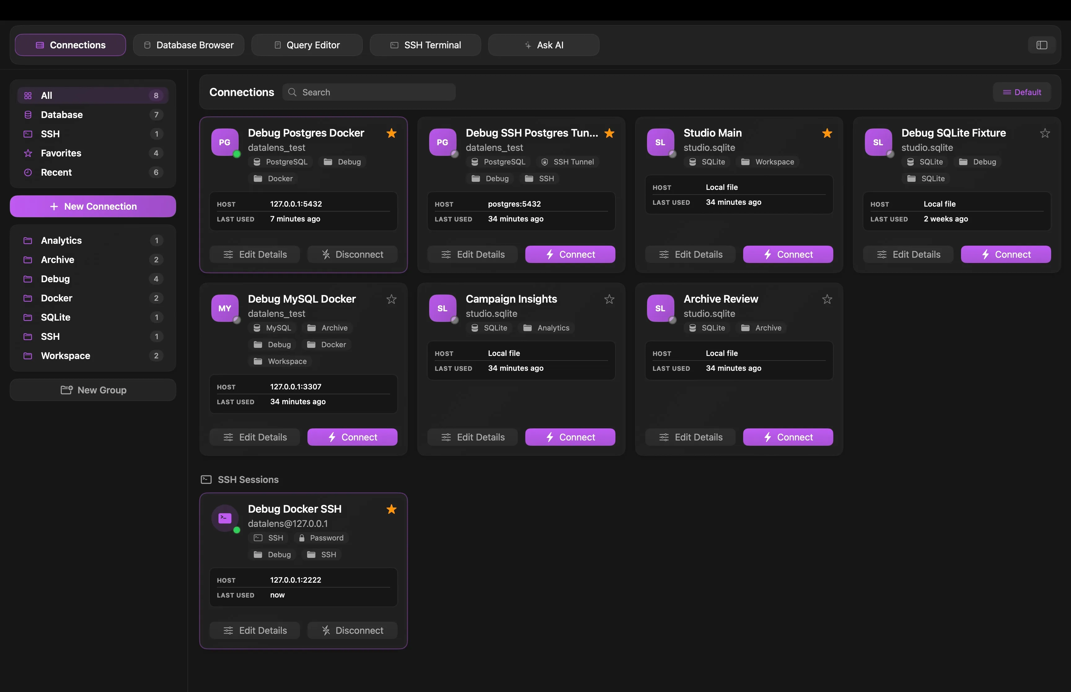 Datark connections screen with saved database profiles.
