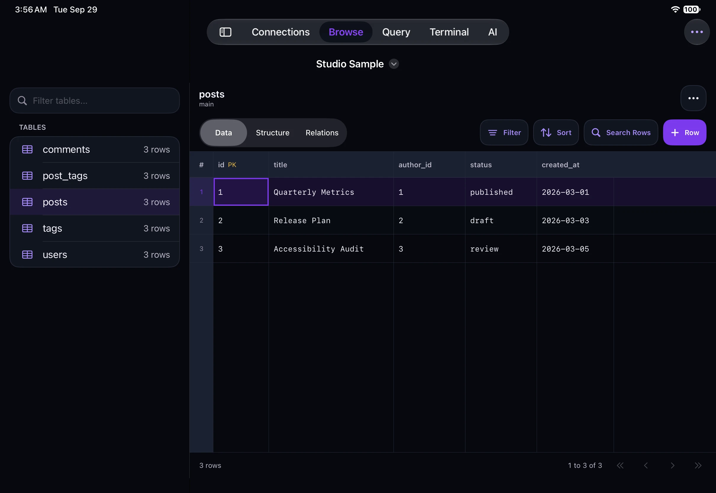 Datark on iPad, displaying the real posts table in the Studio Sample database.