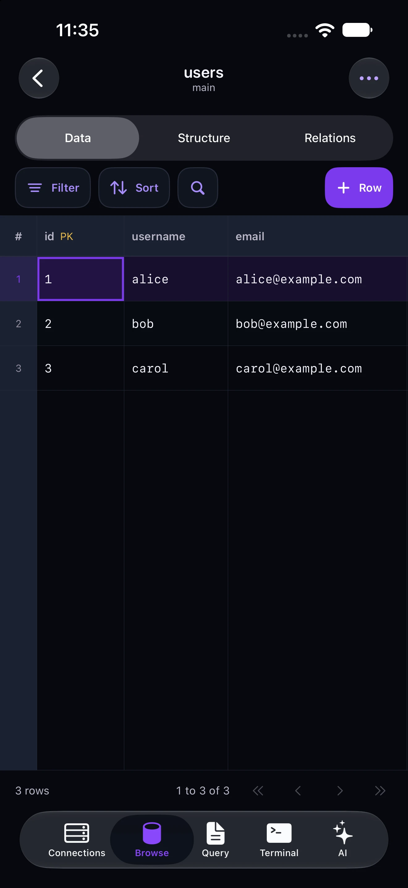 Datark on iPhone, browsing the Studio Sample database.