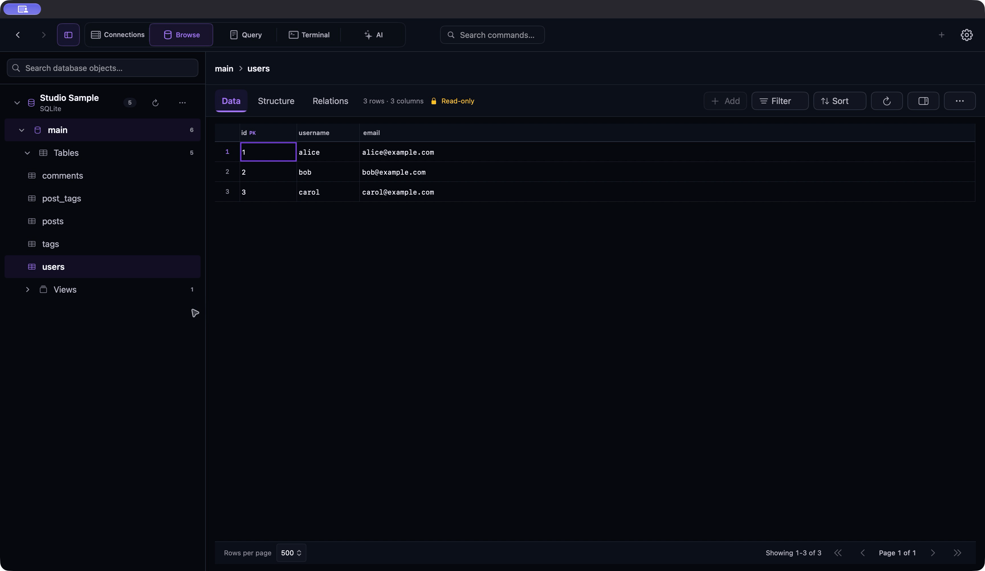 Datark Database Browser on Mac displaying tables and rows from a local sample SQLite database.