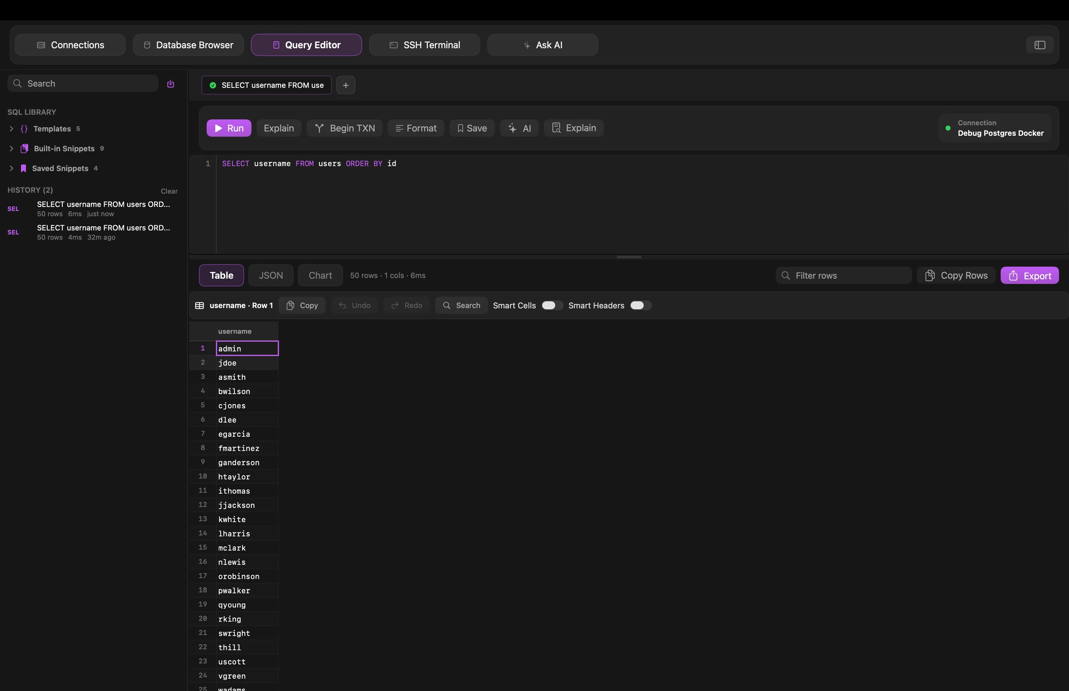 Datark query editor with SQL editor and results grid.