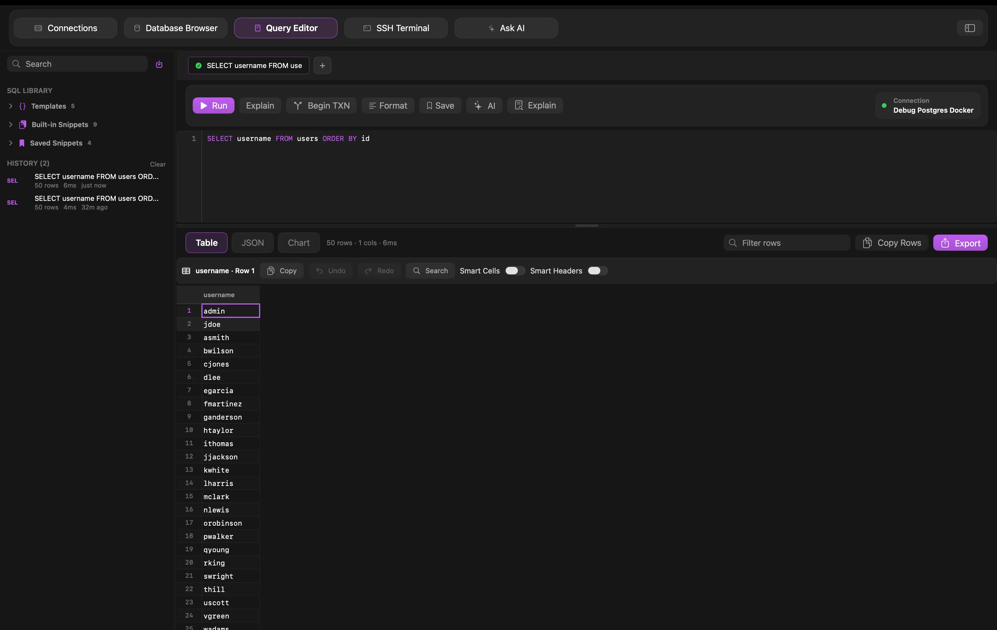 Datark query editor with SQL editor and results grid.